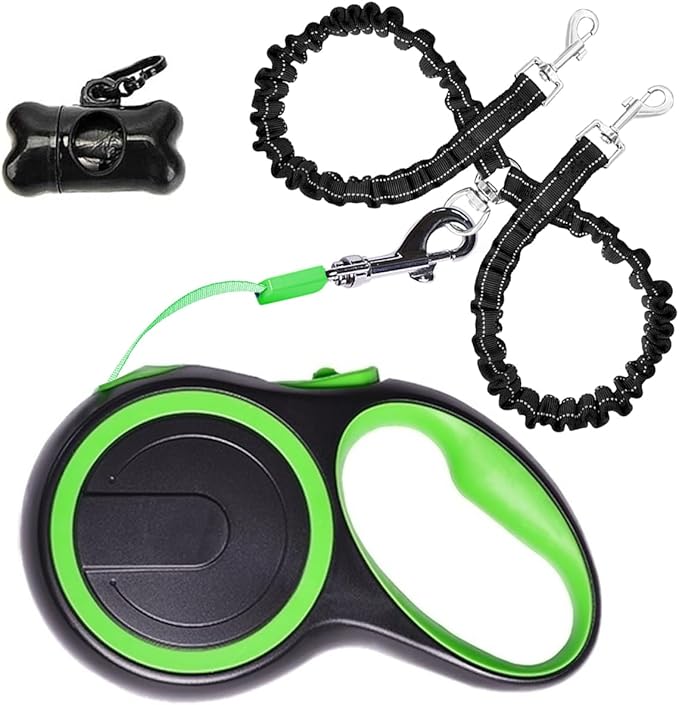 Dual Retractable Dog Leash for 2 Dogs (Green) - 16ft Heavy Duty Leash with One Button Lock & 360° Tangle-Free Design, for Medium/Large Dogs up to 110lbs/50kg