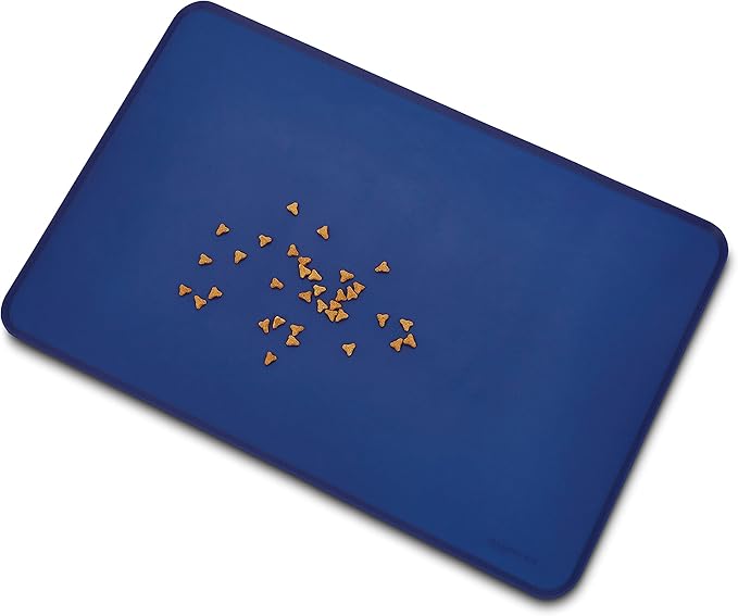 Amazon Basics Waterproof Non-Slip Silicone Pet Feeding Mat with Raised Edges, Prevents Spills, Easy to Clean, Protects Floors for Cat & Dog Food and Water Bowls, 24 x 16 Inches, Blue