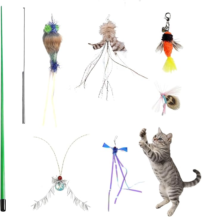Long 30in - Cat Wand Toy - with Spring Top - Include Cat Wand and 6PCS Feather Insects Refills