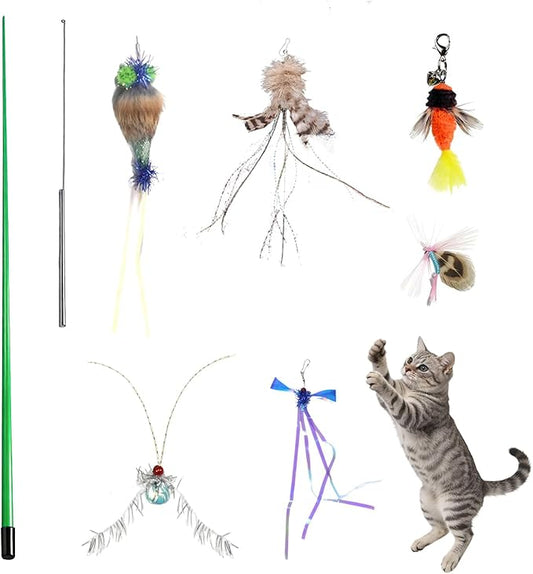 Long 30in - Cat Wand Toy - with Spring Top - Include Cat Wand and 6PCS Feather Insects Refills