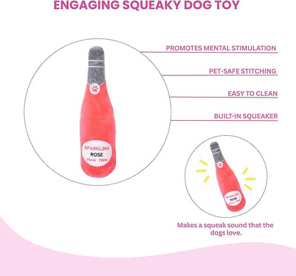 Glow Pups Rose Puppy Toy, Wine Dog Toy with Squeaker, Fun Alcohol Parody Plush Toy for Dogs, Ultra-Soft Microfiber, Interactive Play, Pink