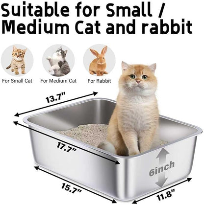 Stainless Steel Litter Box, Medium Metal Litter Box for Cat,Easy Clean Non Stick Easy Entry No Smell Metal Litterbox for Kitty/Rabbits