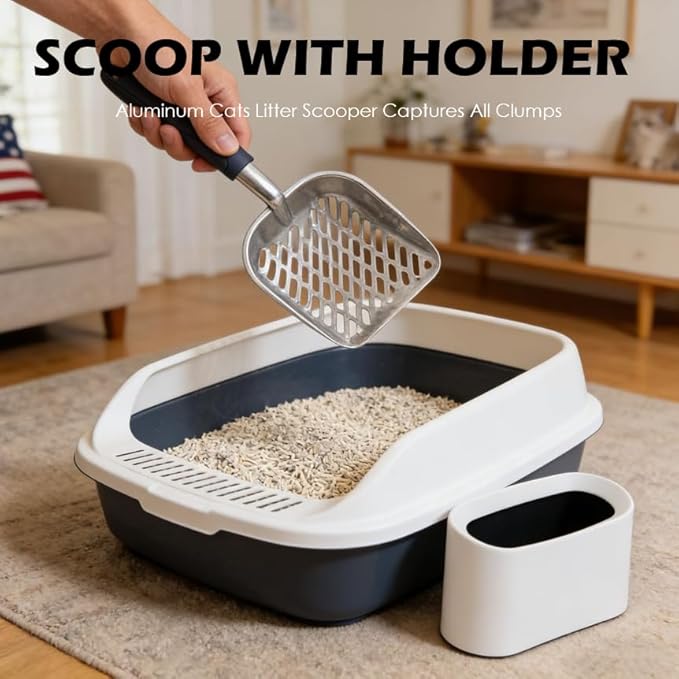 Heavy-Duty Metal Cat Litter Scoop with Holder, Aluminum Cats Litter Scooper Captures All Clumps, Kitty Metal Scooper and Holder (White)