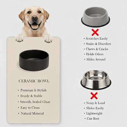Ceramic Dog and Cat Bowl Modern Cute Weighted Food and Water Bowl Matte Glaze Pet Bowl for Replacement (Black, 60.8 OZ)