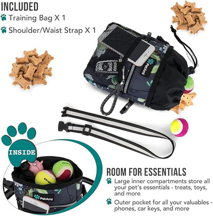 PetAmi Dog Treat Pouch, Pet Treat Pouch for Training, Dog Walking Bag Holder for Kibbles, Pet Food Toy, Dog Trainer Essentials Supplies, Poop Bag Dispenser, 3 Ways to Wear (Floral Grey)