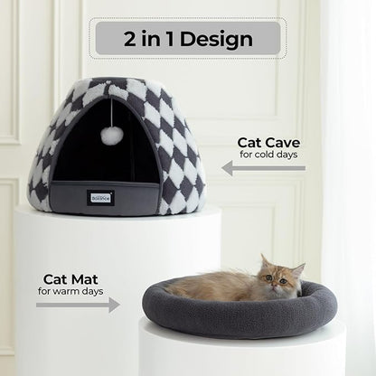 BALANCE Cat Beds for Indoor Cats, 2-in-1 Cat Bed Cave with Anti-Slip Bottom and Ultra-Soft Plush, Cozy Cats House Tent for Kittens and Small Dogs, 19 Inches, Dark Grey