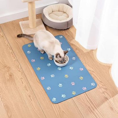 Cat Food Mat Absorbent Dog Mat for Food and Water Non Slip Quick Dry Dog Bowl Mats for Floors 24" X 16" Paw Lake Blue