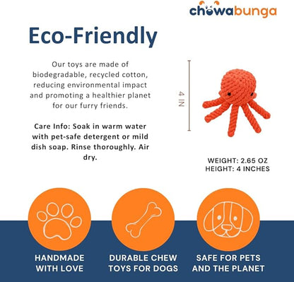 Ollie the Octopus Dog Toy Tough 4 Inch Handmade Eco Cotton Rope Dog Toy Octopus with Natural, Non-Toxic Dyes - Dog Octopus Toy for Small Dogs (Orange, Small)