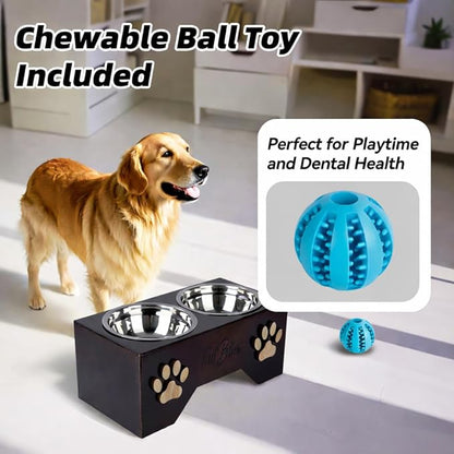 Raised Dog Bowls for Medium & Large Dogs – Wooden Elevated Dog Feeder Stand with 2 Stainless Steel Bowls + Chew Treat (14” x 7” x 6”)