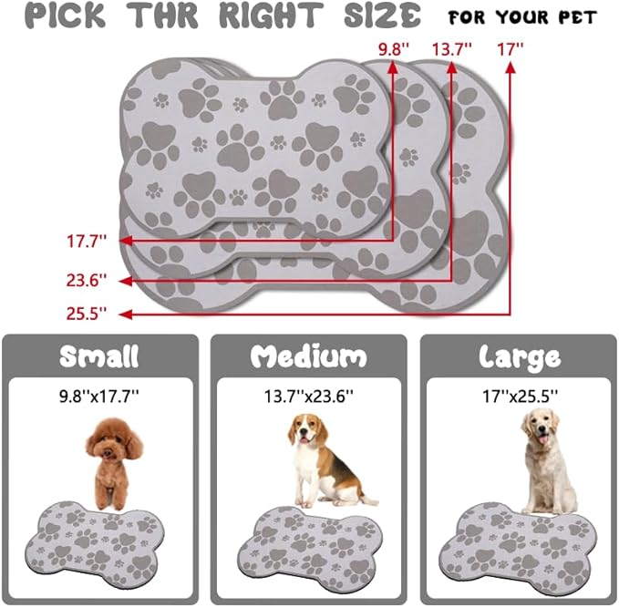 Dog Food Mats for Floors Waterproof, Pet Feeding Absorbent Water Bowl Mat Cat Placemats Gray Bone Shape 19 * 12 inch