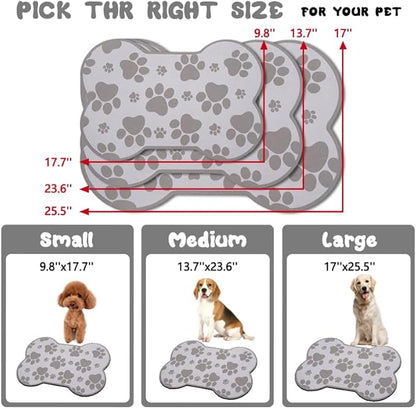 Dog Food Mats for Floors Waterproof, Pet Feeding Absorbent Water Bowl Mat Cat Placemats Gray Bone Shape 19 * 12 inch