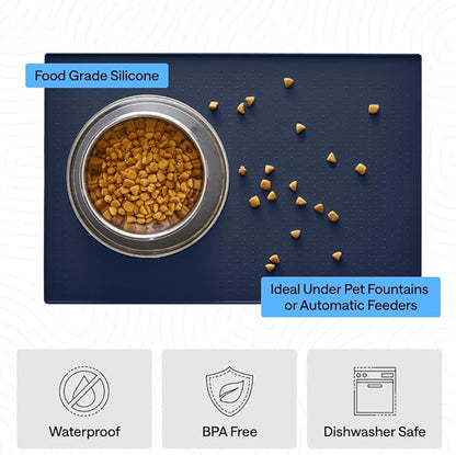 GORILLA GRIP 100% Waterproof Raised Edge BPA Free Silicone Pet Feeding Mat, Dog Cat Food Mats Contain Spills Protects Floors, Placemats for Cats and Dogs Water Bowl, Pets Accessories 32x24 Navy