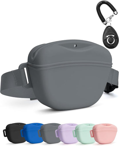heouvo Dog Treat Pouch with Training Clicker, Upgrade Stronger Magnetic Closure to Avoid Spilling, 1.67 Cup Silicone Treat Bag Fanny Pack with Waist Belt for Pet Training Walking (Grey)