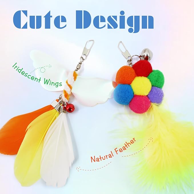 SONGWAY Cat Wand Toys for Indoor Cats - Cat Toy Set with Retractable Teaser Wand and 6 PCS Colorful Large Feather Toy Refills, Butterfly Tassel Plush Cute Cat Toys Interactive