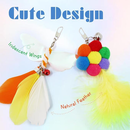 SONGWAY Cat Wand Toys for Indoor Cats - Cat Toy Set with Retractable Teaser Wand and 6 PCS Colorful Large Feather Toy Refills, Butterfly Tassel Plush Cute Cat Toys Interactive