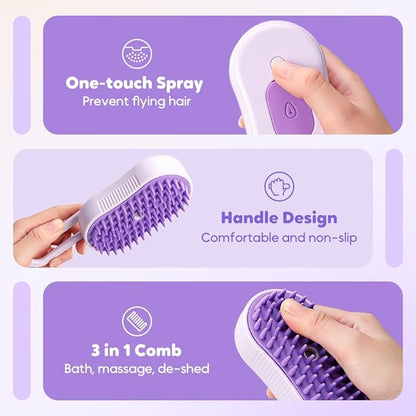 Pet Steam Groomer Comb,2024 Upgraded 3 in 1 Cat Steam Brush Pet Hair Steamy Brushes,Grooming Comb Tool for Pets Hair Removal with Steam for Massage Cleaning Shedding (Pouple, Short)