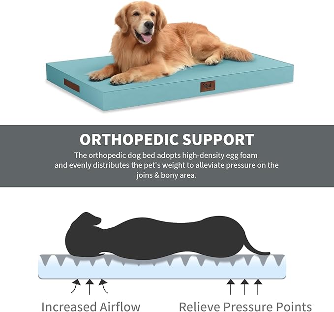 Outdoor Dog Bed for Medium Dogs, Waterproof Dog Crate Mat Orthopedic Egg Crate Foam Pet Bed with Washable Removable Oxford Cover, Light Blue