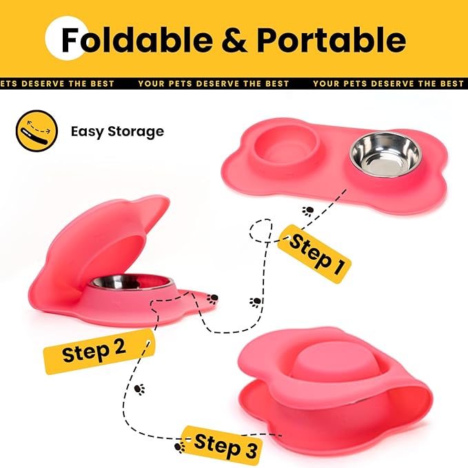 Dog Bowls with Silicone Feeding Mat,No Spill Food Water Dish Set,Dishwasher Safe,2 Stainless Steel Puppy Bowls with Dogs Bandanas,Suitable for Tiny Pets Under 8lbs,Extra Small,Pink