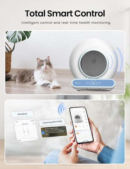 Self Cleaning Litter Box, Integrated Safety Automatic Cat Litter Box Self Cleaning 65L+9L for Multiple Cats, App Control, Odor Removal, Includes Mat & Liner (3 Rolls) - Blue
