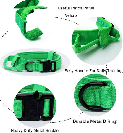 Xqpetlihai Tactical Dog Collar - Military Dog Collar - Adjustable Nylon - Heavy Duty Metal Buckle with Handle - Bright Green, Medium