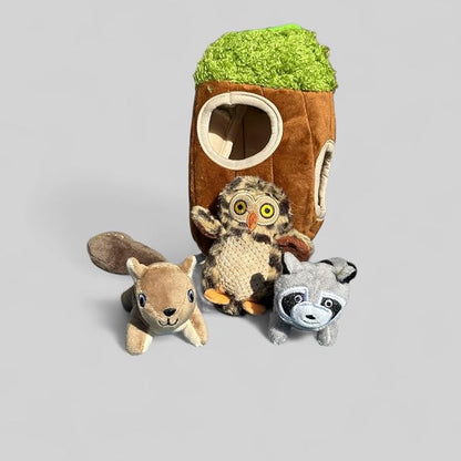 Glow Pups Hide and Seek Dog Toys, Interactive Plush Animal in Tree Trunk Burrow Toy with Squeaker, Puppy Toys for Small Dogs, Woodland Colors (Small Tree with 3 Animals)