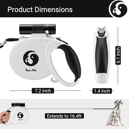 Retractable Dog Leash with Flashlight - Happy & Polly 16.4ft Dog Walking Leash with Anti-Slip Handle, Strong Nylon Tape, One-Handed Brake, Tangle Free, Taichi Pattern