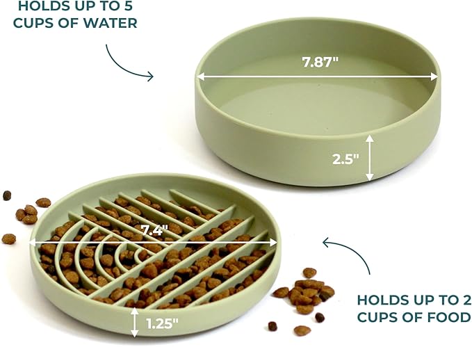 Slow-Feeder & Water Bowl Set by The Dog Tale | Food-Grade Silicone Dog Bowls, BPA-Free, Dishwasher Safe, Freezer Safe (Sage)
