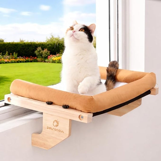 Solid Wood Cat Window Perch for Large Breeds – 40lbs Heavy Duty Cat Window Hammock, Comfortable Orthopedic Feline Bed with Easy Screw-in Assembly, Modern Pet Furniture, Bonus Toy Included