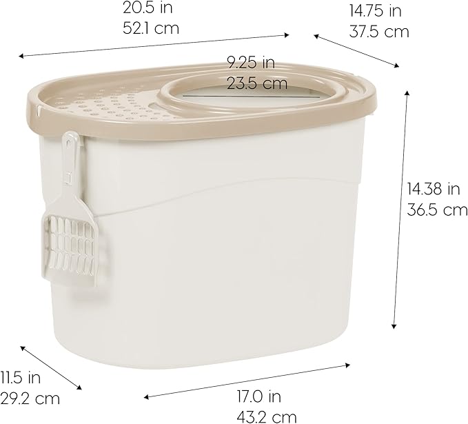 IRIS USA Large Top Entry Cat Litter Box with Lid Enclosed Covered Hooded Design Litter Catching Scatter Shield Pan Dog Proof Pet Proof Scoop Included Odor Control for Indoor Cats Kittens White/Beige