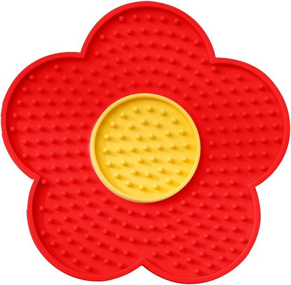 renvena Cat Lick Pad Slow Feeder Flower Shape Silicone Mat with Suction Cups for Kittens Small Dogs Easy Clean Red One Size