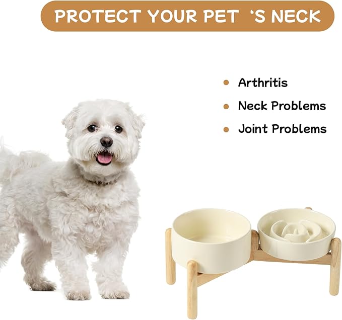 Ceramic 0.9 Cup Raised Slow Feeder Dog Bowl Set, Elevated 6.1inch Water Bowl and 6.1inch Slow Dish with Wooden Stand for Small Dogs (2 x Light Yellow+ Stand)