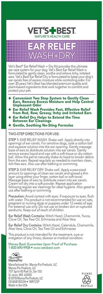 Vet's Best Dog Ear Cleaner Kit - Multi-Symptom Ear Relief - Wash & Dry Treatment - Alcohol-free