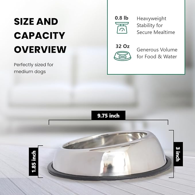Iconic Pet 4 Cup/32 Oz Heavy Weight Non-Skid Stainless Steel High Back Pet Food/Water Bowls with Removable Anti Skid Rubber Ring - Dog/Cat Feeding Bowl in Unique Design, Dishwasher Safe