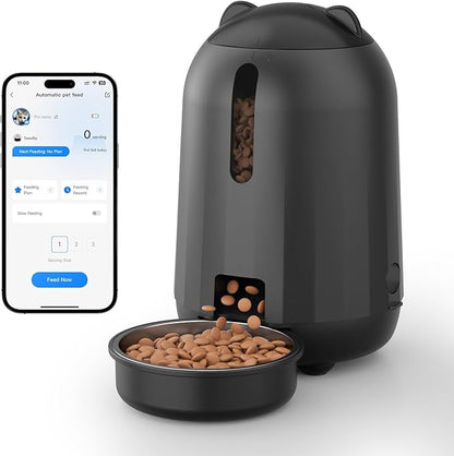 PAPIFEED Automatic Cat Feeder, App-Controlled WiFi Auto Food Dispenser with Dual Power Backup, Slow Feeding Mode, 3L Easy-Clean Feeder for Cats & Small Dogs (Black)