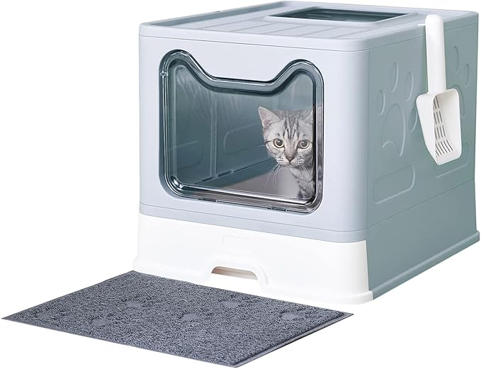 Cat Litter Box with Litter Mat and Scoop, Large Covered Litter Box with Lid, Front Entry Top Exit Kitty Box, Odor Control, Easy to Clean (Blue)