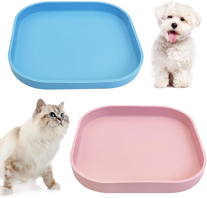 Fhiny 2PCS Silicone Cat Bowls Set 5.9 x 5.9 in Shallow Dog Dish Whisker Friendly Cat Food Plate for Dry & Wet Food Dishwasher Safe Non-Slip Pet Feeding Bowls for Kittens and Puppies (Blue+Pink)