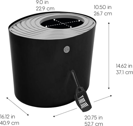IRIS USA Large Top Entry Cat Litter Box Made in USA, Covered Enclosed Design with Lid, Litter Catching Grooved Top, Scatter Shield, Dog Proof, Scoop Included, Odor Control, Black/Gray
