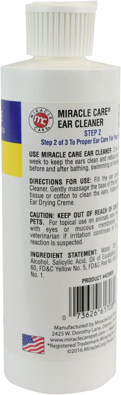 Miracle Care Ear Cleaner for Dogs and Cats, 8 Ounce, Reduces Ear Odor and Waxy Build Up, Gentle and Non Staining