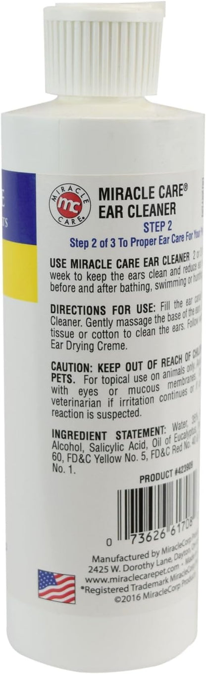 Miracle Care Ear Cleaner for Dogs and Cats, 8 Ounce, Reduces Ear Odor and Waxy Build Up, Gentle and Non Staining