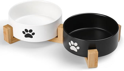 Dog Bowls, Non Slip Heavy Ceramic Dog Food and Water Bowl, Pet Feeding Bowl for Cats, Puppies and Small Dogs (2 Bowls+ 1 Stand-Black and White, 5.1 Inches)