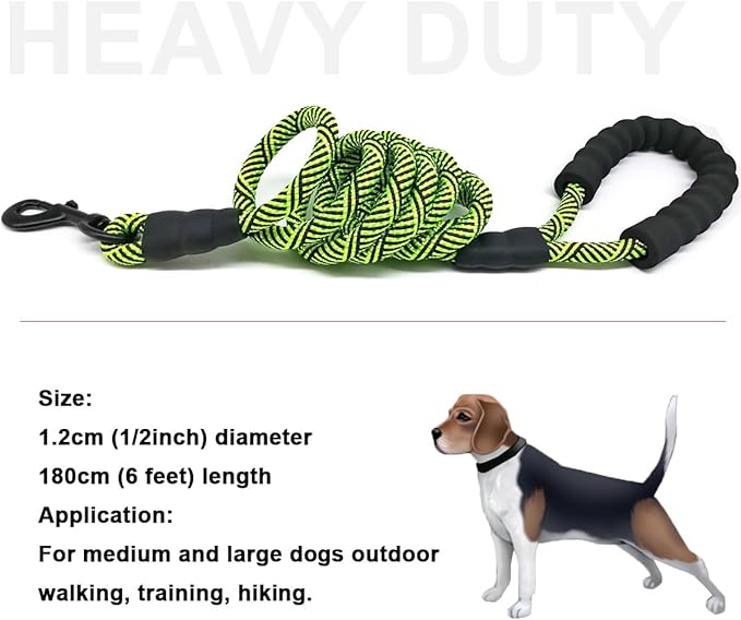 MayPaw Heavy Duty Rope Dog Leash, 6/8/10FT Nylon Pet Leash, Soft Padded Handle Thick Lead Leashes for Large Medium Dogs Walking Training Jogging (Green Black, 1/2" * 6')