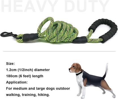 MayPaw Heavy Duty Rope Dog Leash, 6/8/10FT Nylon Pet Leash, Soft Padded Handle Thick Lead Leashes for Large Medium Dogs Walking Training Jogging (Green Black, 1/2" * 6')