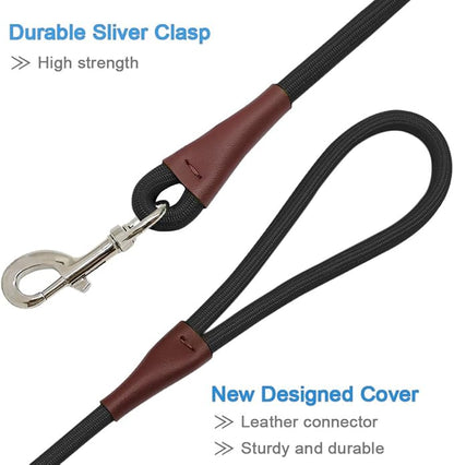MayPaw 4/6 /8/10 FT Dog Leash, Classic Solid Colors, Strong Nylon Rope Dog Leash Reinforced with Leather Tailor Connection Heavy Duty Silver Clasp (Black, 10ft*1/2")