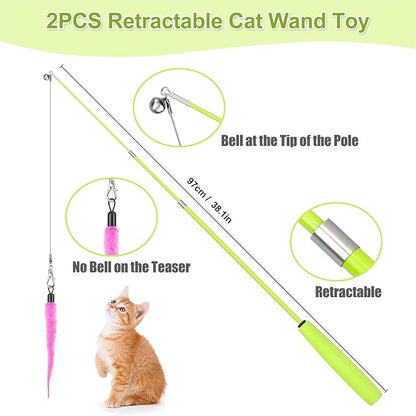 ChicWow Interactive Retractable Cat Wand & Hanging Toys for Cats - 2 Wands, 2 Hanging, 7 Teaser Cat Toys for Indoor Adult Cats Kitten, Includes Feather, Mouse, Fish, Worm, 1 Spare Elastic Rope