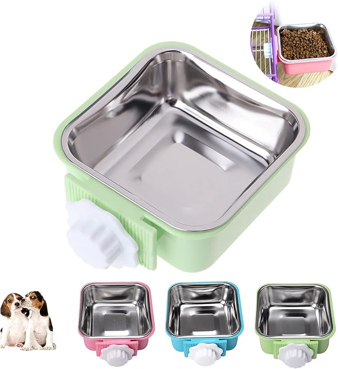 Love Dream Crate Dog Cat Bowls, Hanging Pet Cage Food Water Feeder with Removable Stainless Steel Bowls and Bolt Holder for Puppy Cat Rabbit Birds (Small, Green)