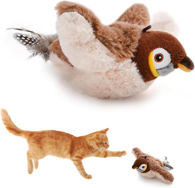 Tyasoleil Flapping Bird Cat Toy with Simulated Chirping & Touch-Activated Wings - Plush Interactive Kitten Toy for Indoor Cats, Self-Play Design with Catnip (Sparrow)