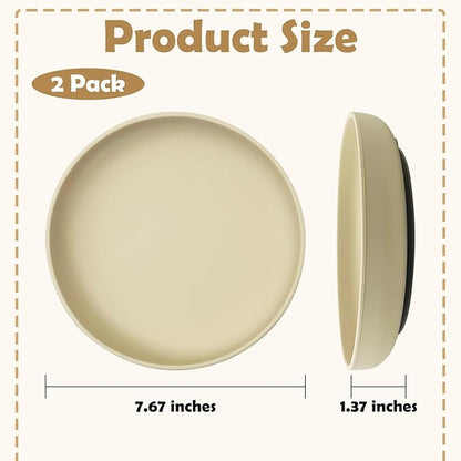 Silicone Dog Bowl Set of 2 Flat Puppy Food & Water Dish Less Mess Cat Dry Food Plates with Suction Cup Non-Tippable Feeding Bowls for Small & Medium-Sized Pets (Round Beige)