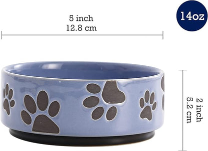 Bico Paw Blue Ceramic 14oz Pet Bowl, for Small Size Dog, Puppy, Durable and Dishwasher Safe Stoneware