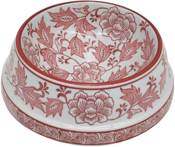 Aimusego Pink & White Ceramic Dog Bowl,Gifts for Pet Owners,Chinoiserie Floral Heavy Duty Non-Slip Dog Food Water Bowls, Ceramic Dish for Medium and Small Dogs and Cats, Puppy 9inch