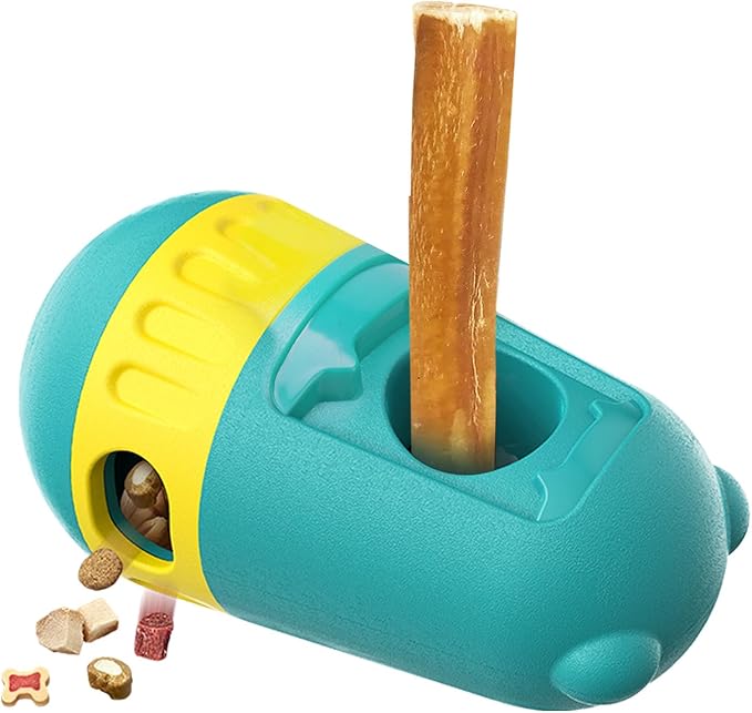 2 in 1 Interactive Treat Dispensing Dog Toys, Bully Stick Holder, Adjustable Dog Treat Holder for Medium & Large Dogs, Safety Device to Prevent Choking, Blue